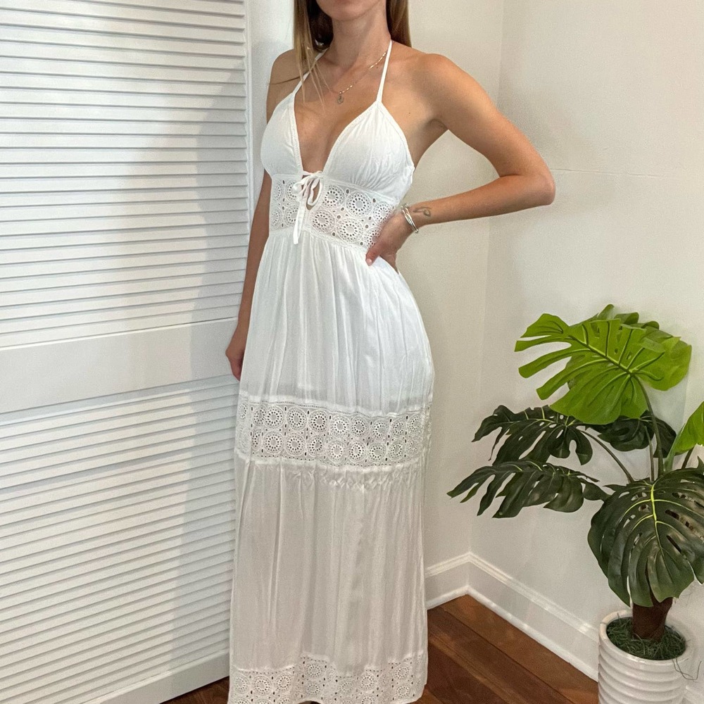 White maxi beach vacation dress cotton crochet details S